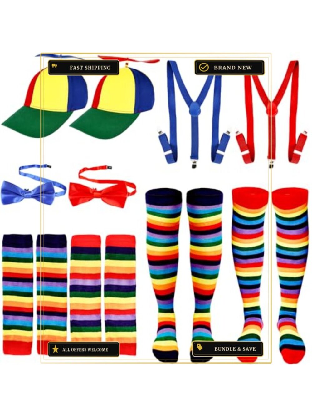 10 Pc Clown Costume Set Propeller Hat Suspenders Bow Tie Socks Gloves